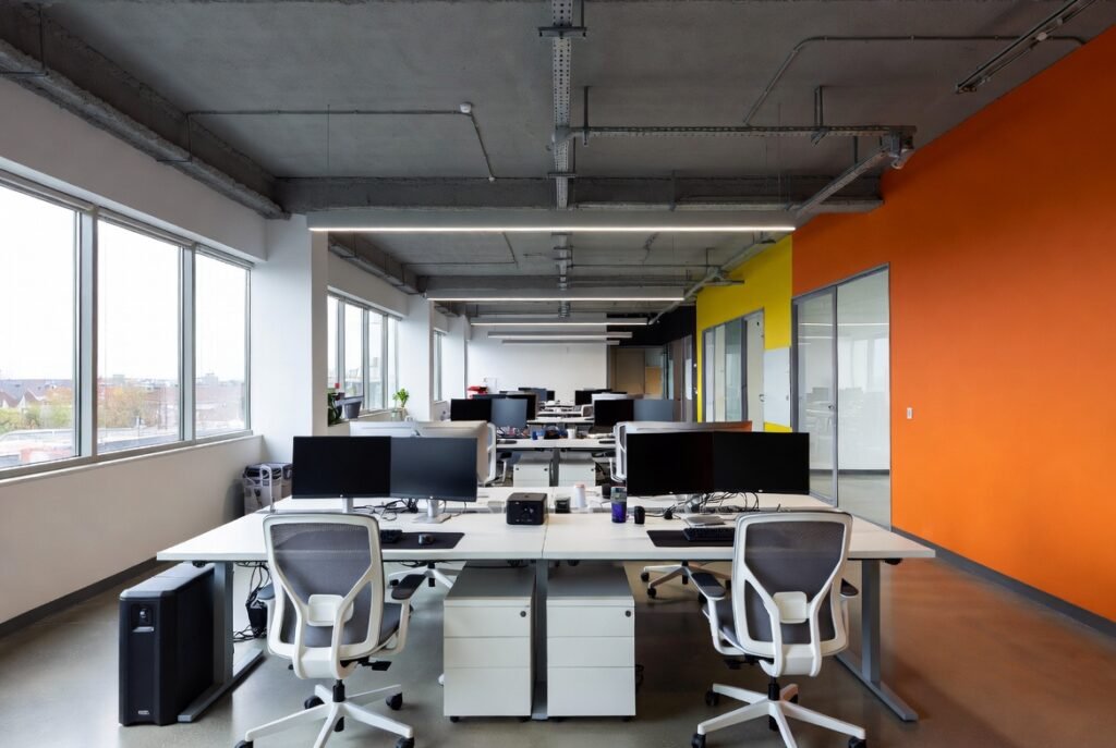 Desain Kantor Warna Netral + Aksen Berani