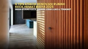 Tips renovasi rumah kecil hemat biaya. Desain interior modern, dinding kayu vertikal, sofa biru. Ruang terasa luas dan tenang.