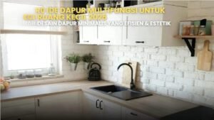 Desain dapur minimalis modern. Ide dapur multifungsi untuk ruang kecil dengan kabinet putih dan dinding bata ekspos.