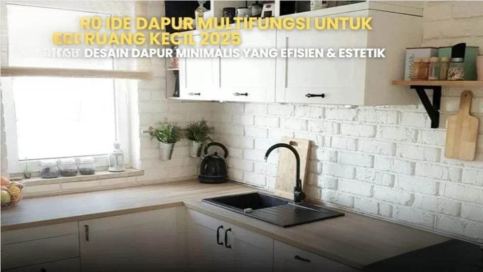 Desain dapur minimalis modern. Ide dapur multifungsi untuk ruang kecil dengan kabinet putih dan dinding bata ekspos.