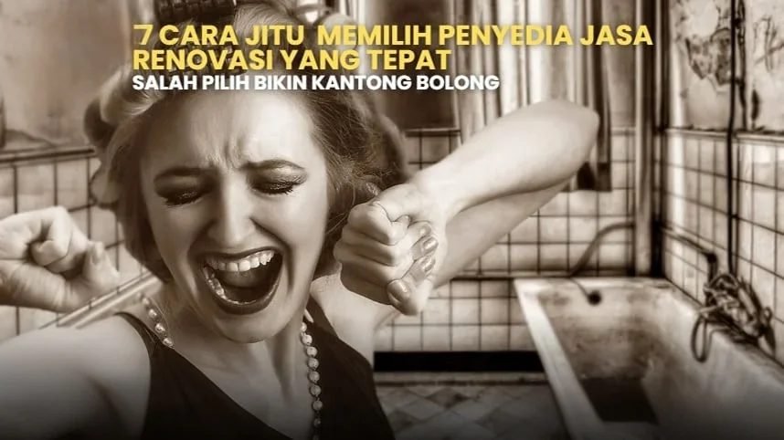 Penyedia Jasa Renovasi: Ilustrasi wanita stres renovasi kamar mandi. Pilih jasa renovasi yang tepat agar hemat biaya.