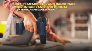 Ilustrasi tukang bangunan borongan profesional menggunakan bor. Tips memilih tukang bangunan berpengalaman.