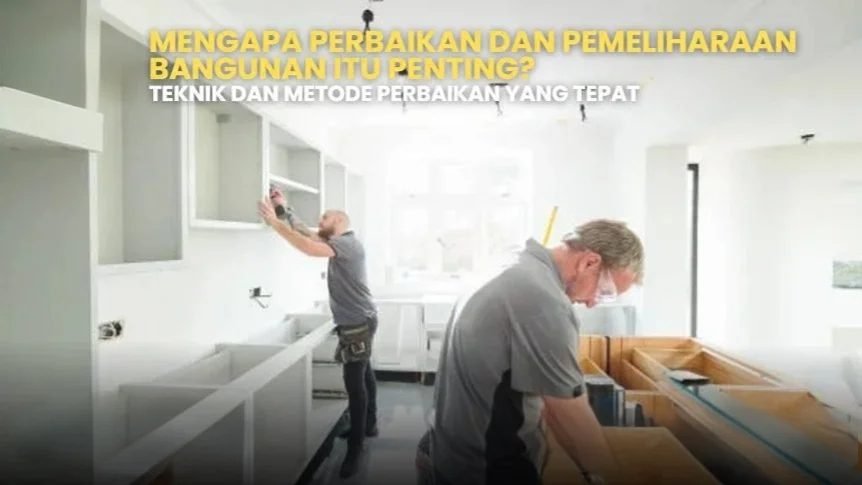 Perbaikan bangunan: Dua tukang sedang memperbaiki dan memelihara interior bangunan, fokus pada teknik perbaikan.