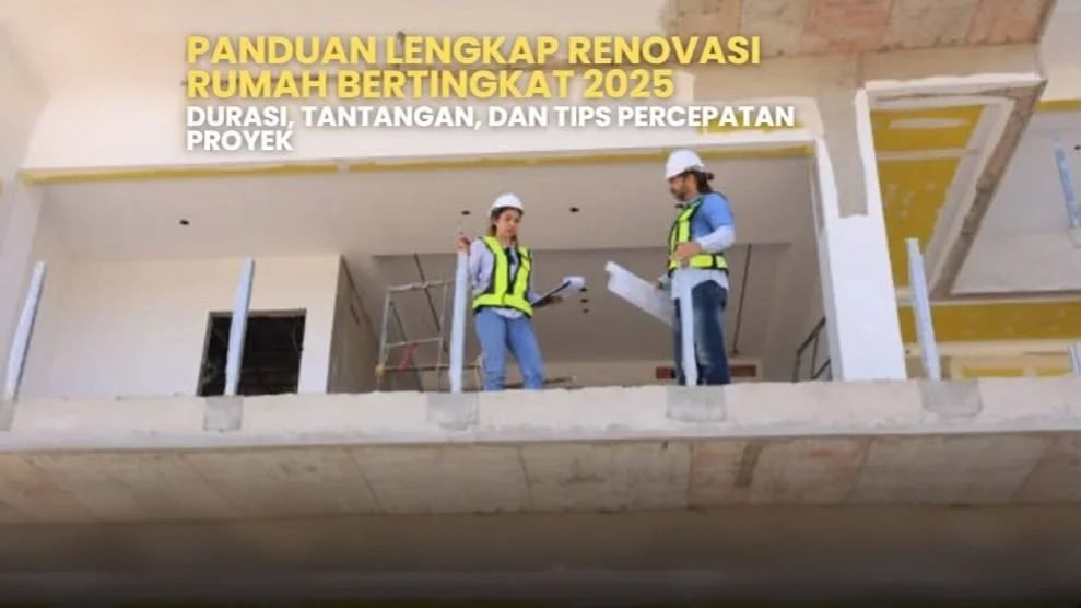 Renovasi rumah bertingkat: pekerja proyek renovasi rumah dari satu lantai ke dua lantai sedang berdiskusi.