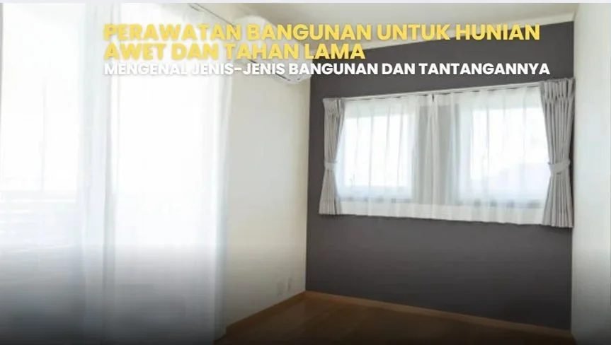 Interior rumah minimalis dengan jendela besar dan tirai putih. Desain perawatan bangunan hunian awet dan tahan lama.
