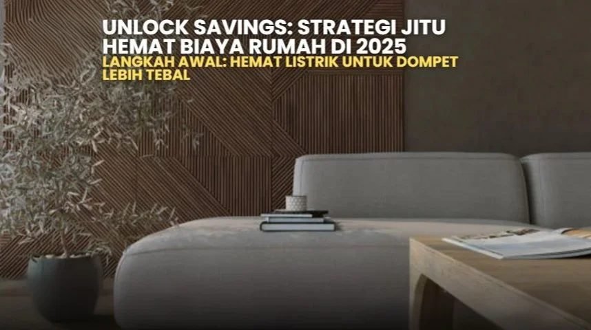 Tips hemat biaya rumah 2025. Interior modern minimalis, sofa abu-abu, dekorasi kayu. Strategi jitu kurangi pengeluaran rumah.