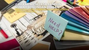 Ilustrasi memilih jasa bangun rumah borongan terbaik. Sketsa desain rumah, contoh warna, dan catatan ide.